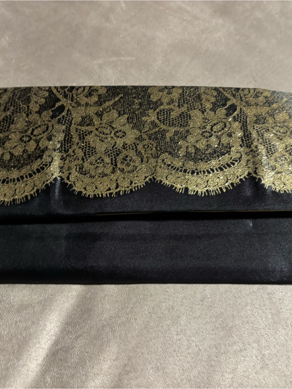Elegant Black Satin Clutch with Gold Lace Trim